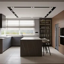 Nowoczesna kuchnia z wyspą i barkiem. Szare szafki z ciemnym wzorem, drewniane wykończenia, szklana witryna z kieliszkami. Minimalistyczne oświetlenie sufitowe.
