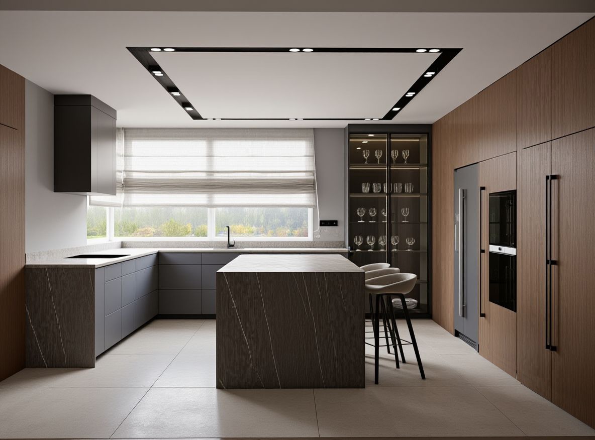 Nowoczesna kuchnia z wyspą i barkiem. Szare szafki z ciemnym wzorem, drewniane wykończenia, szklana witryna z kieliszkami. Minimalistyczne oświetlenie sufitowe.