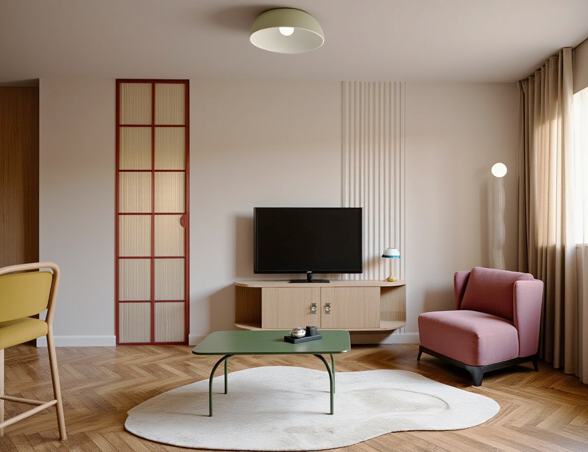 Salon w stylu retro z parkietem w jodełkę i zielonym stolikiem kawowym. Ciekawy detal: drzwi przesuwne z kratką w kolorze bordowym.