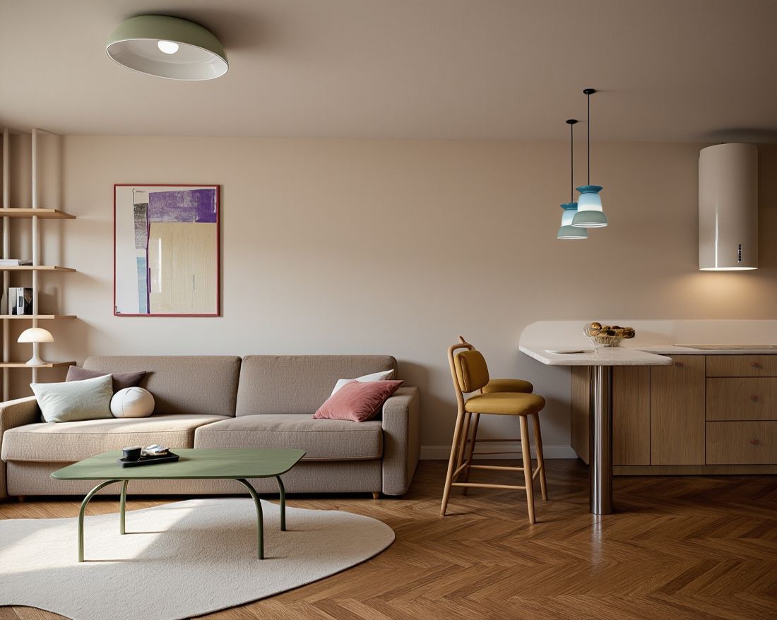 Jasne wnętrze mieszkania z sofą, stolikiem kawowym, krzesłami barowymi i drewnianą podłogą w jodełkę. Nad sofą abstrakcyjny obraz w ramie.