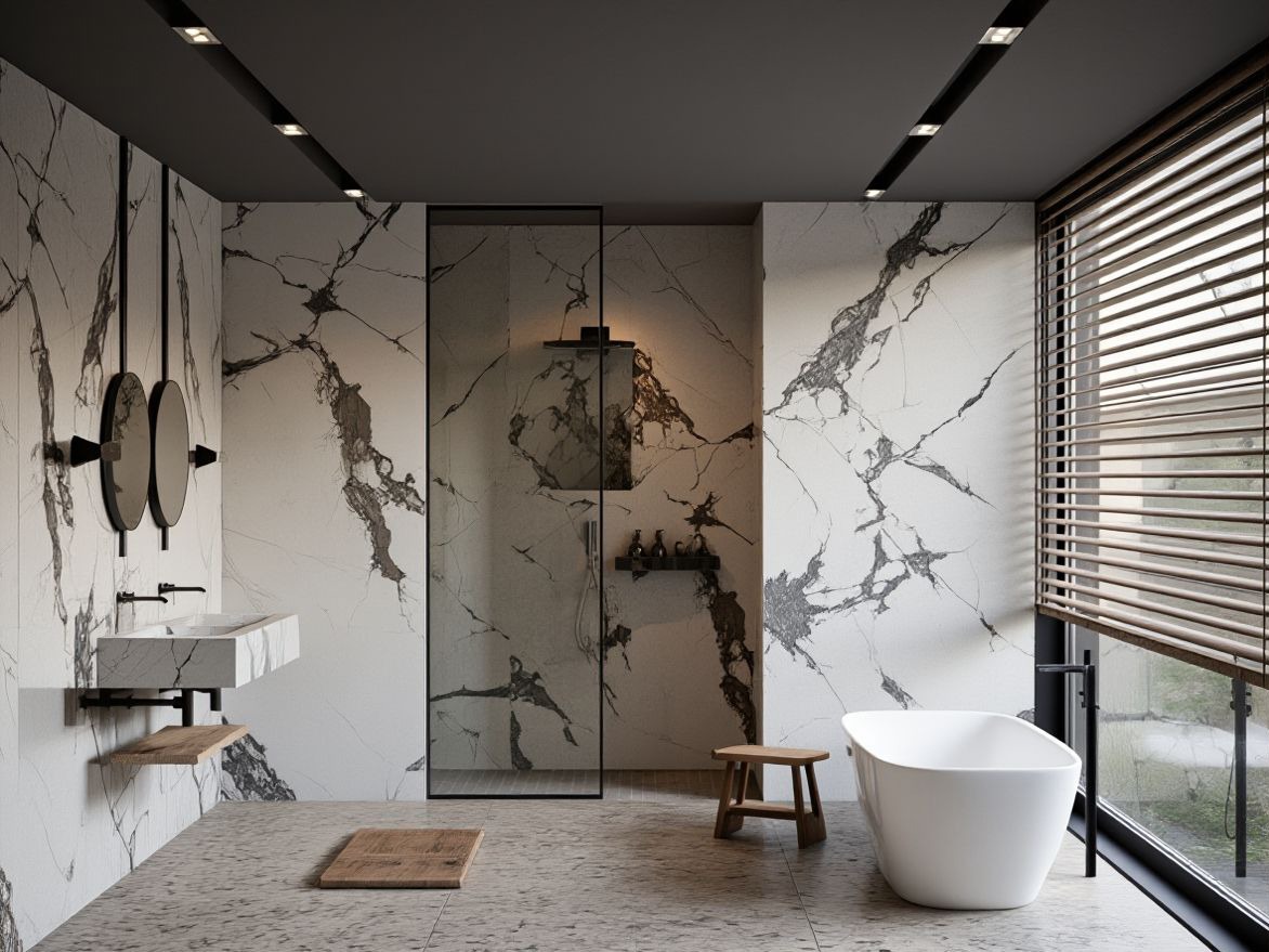 Elegancka łazienka z marmurowymi płytkami, minimalistyczną umywalką, owalną wanną i drewnianymi żaluzjami, oświetlona punktowymi lampami sufitowymi.