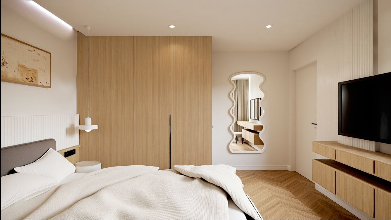 Nowoczesna sypialnia z dużym lustrem w Bobrowcu. Drewniane panele ścienne i podłoga w jodełkę. Minimalistyczny design, łóżko z szarą ramą i białą pościelą.