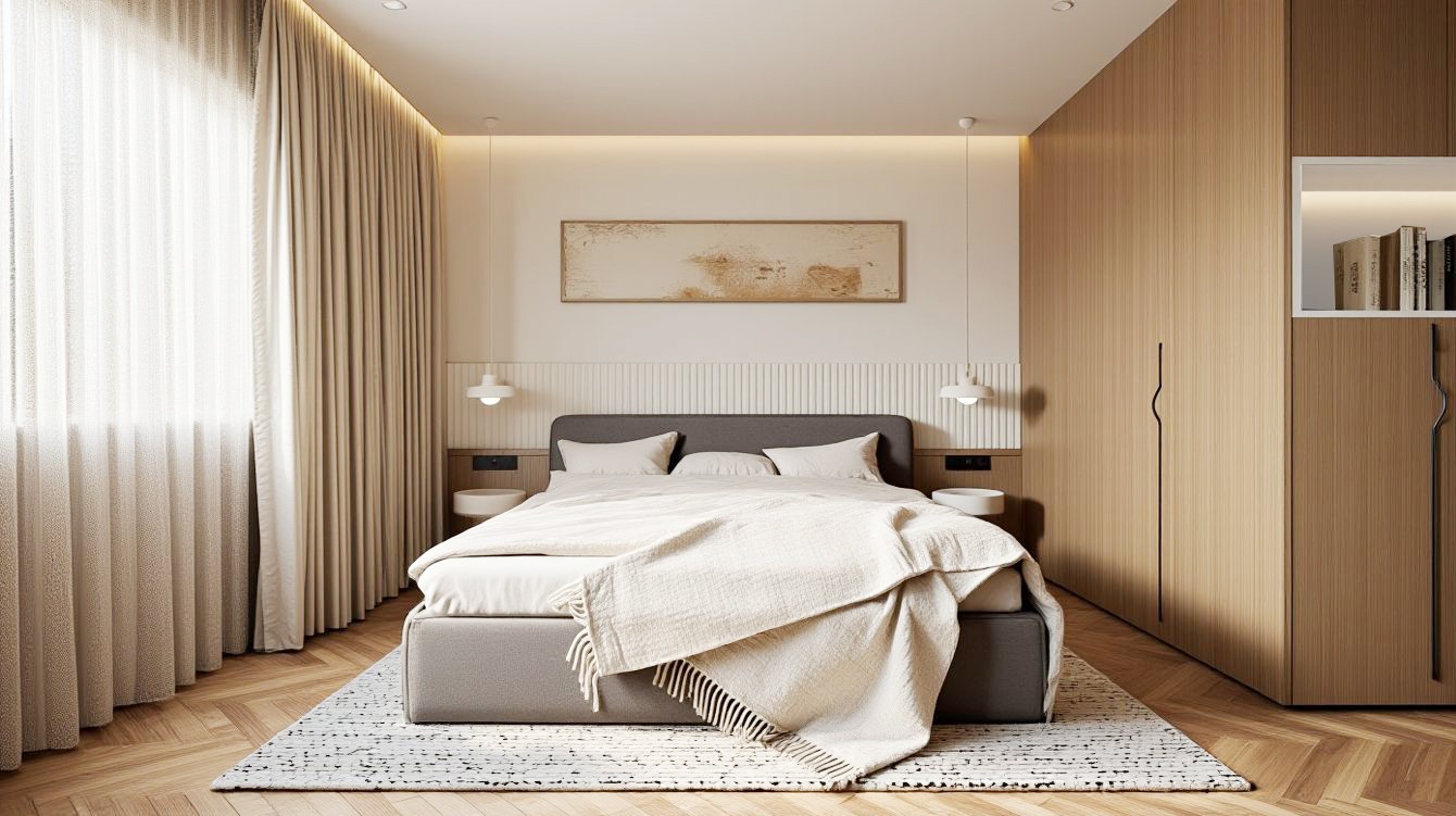 Elegancka sypialnia w beżach: łóżko z narzutą, drewniana podłoga i szafa w zabudowie. Minimalistyczny wystrój z obrazem i lampkami nocnymi.