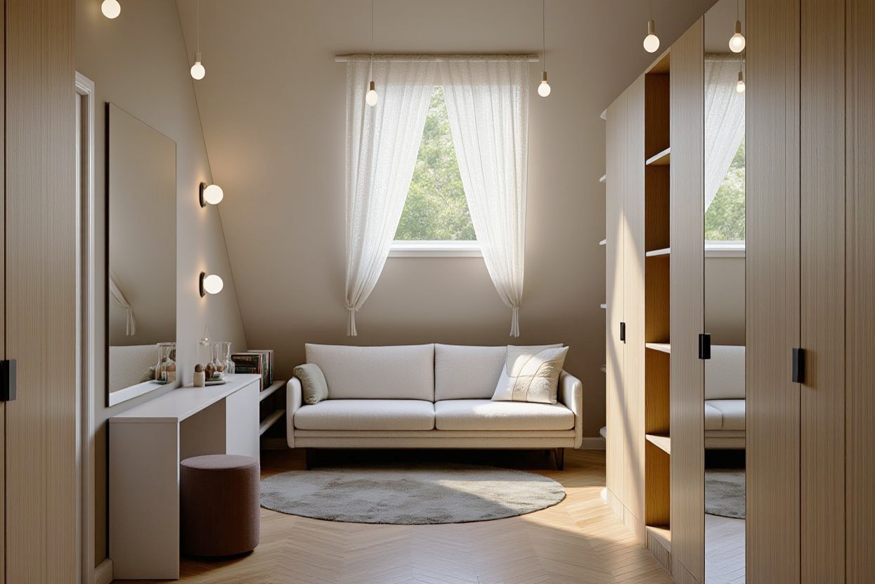 Jasne wnętrze poddasza z toaletką, lustrem, sofą i szafą w zabudowie. Okno z firanami wpuszcza naturalne światło. Minimalistyczny, skandynawski styl.