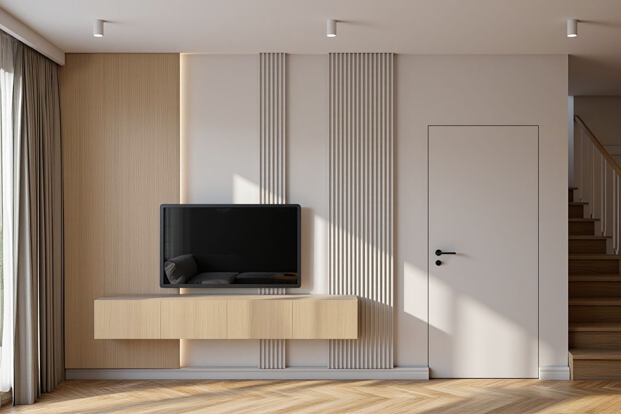 Minimalistyczny salon: drewniana ściana z telewizorem i szafką RTV, parkiet w jodełkę. Białe panele dekoracyjne i drzwi, schody w tle.