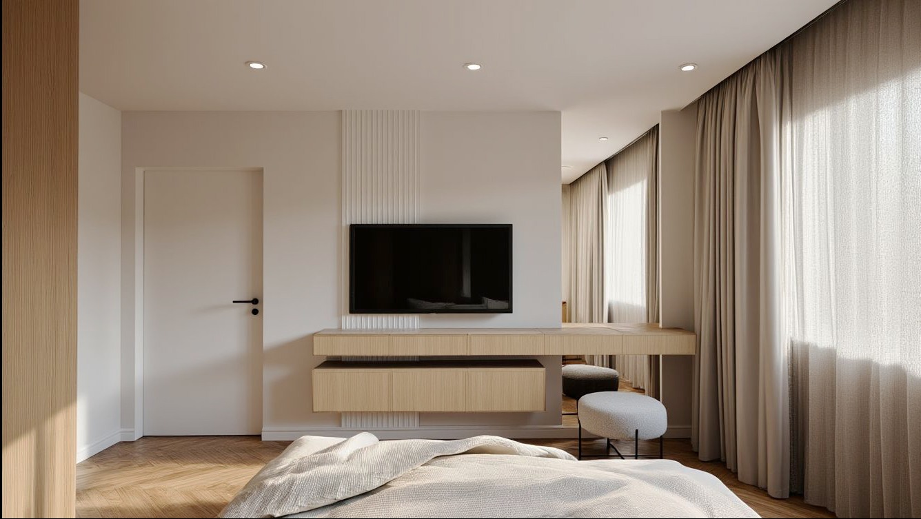 Elegancka sypialnia z telewizorem na ścianie, drewnianą podłogą i jasnymi zasłonami. Minimalistyczny design z subtelnymi detalami dekoracyjnymi.