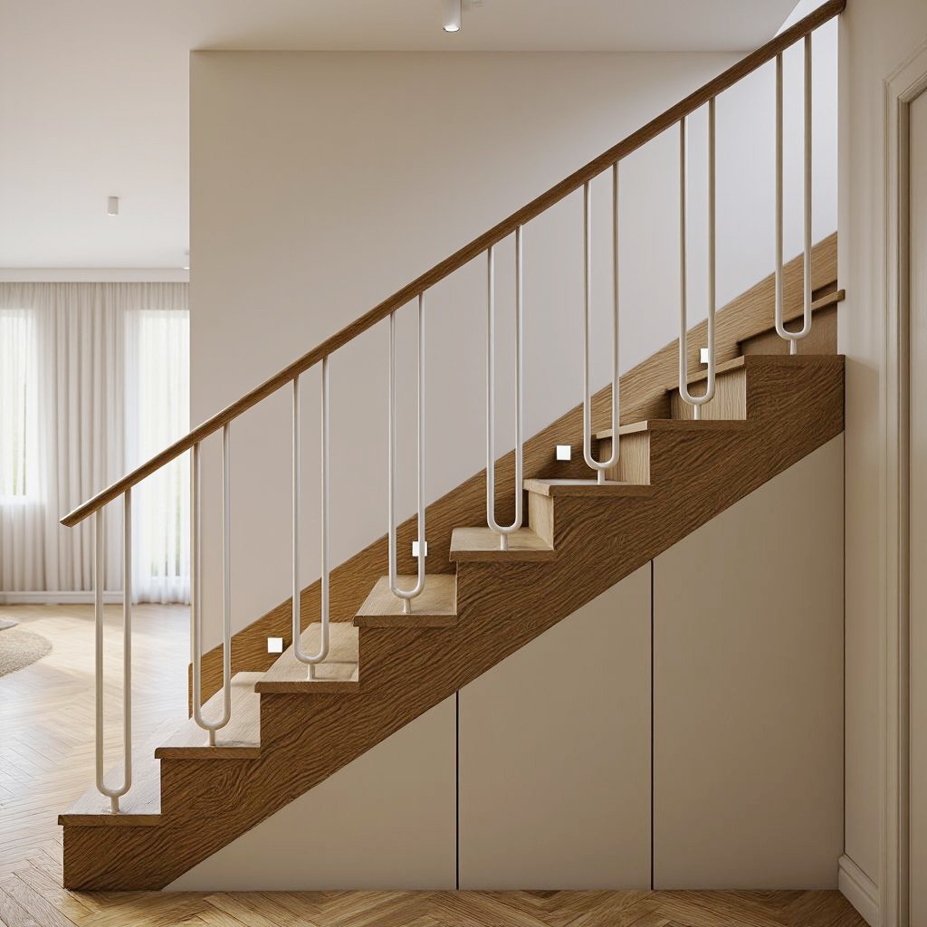 Drewniane schody z białymi, nowoczesnymi balustradami i subtelnym oświetleniem schodów, wkomponowane w minimalistyczne, jasne wnętrze.