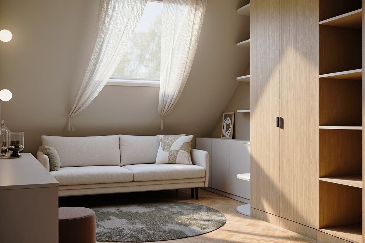 Jasny salon na poddaszu ze skośnym oknem, beżową sofą, okrągłym dywanem i zabudową meblową z szafą i półkami. Ustawne i przytulne wnętrze.