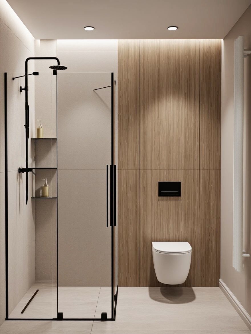 Nowoczesna łazienka: kabina prysznicowa typu walk-in z czarnymi ramami, drewniana okładzina ścienna, podwieszana toaleta i grzejnik drabinkowy.