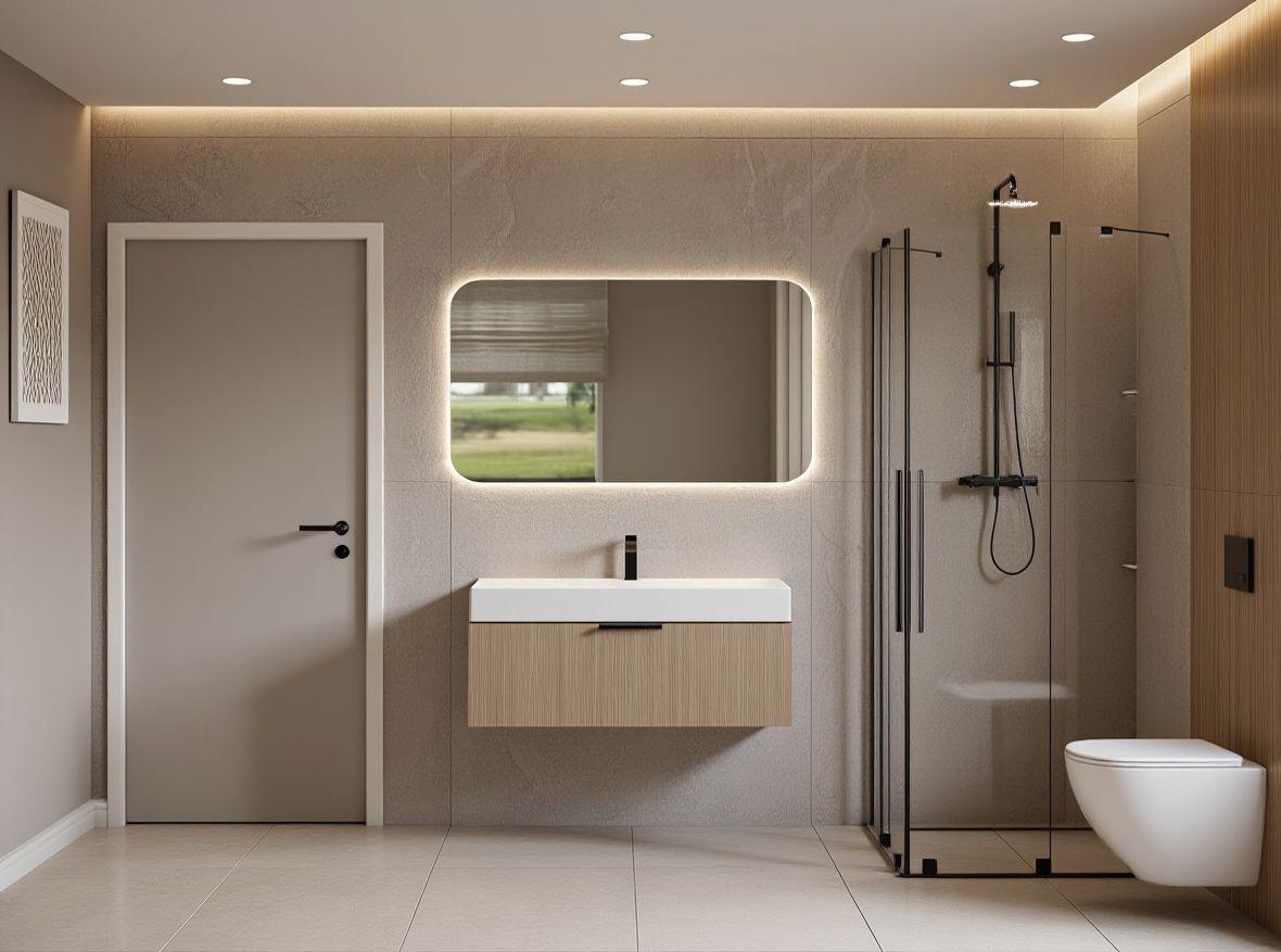 Nowoczesna łazienka z podświetlanym lustrem, kabiną prysznicową typu walk-in i wiszącą szafką pod umywalką z drewnianym frontem. Minimalistyczny design, stonowana kolorystyka.