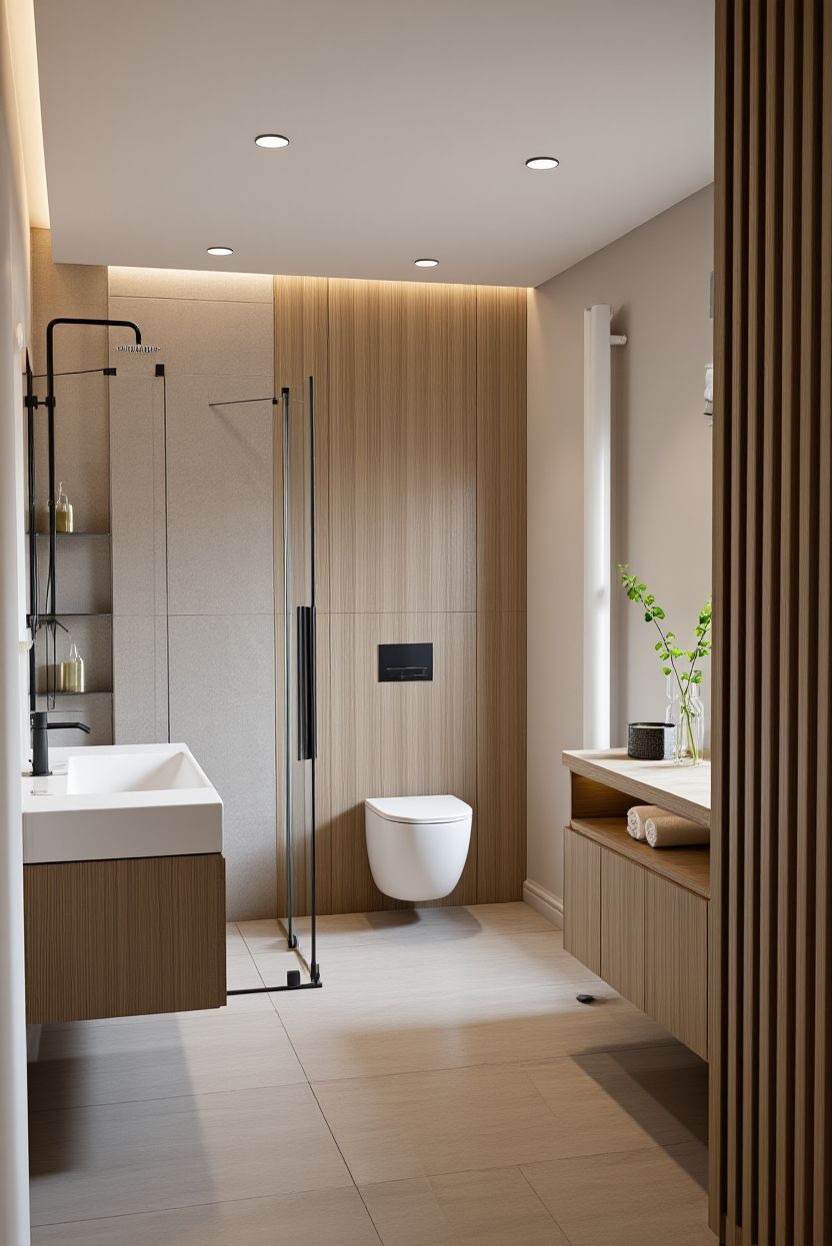 Nowoczesna łazienka z drewnianymi panelami, minimalistyczną umywalką i toaletą podwieszaną. Kabina prysznicowa ze szklanymi ściankami. Oświetlenie LED.