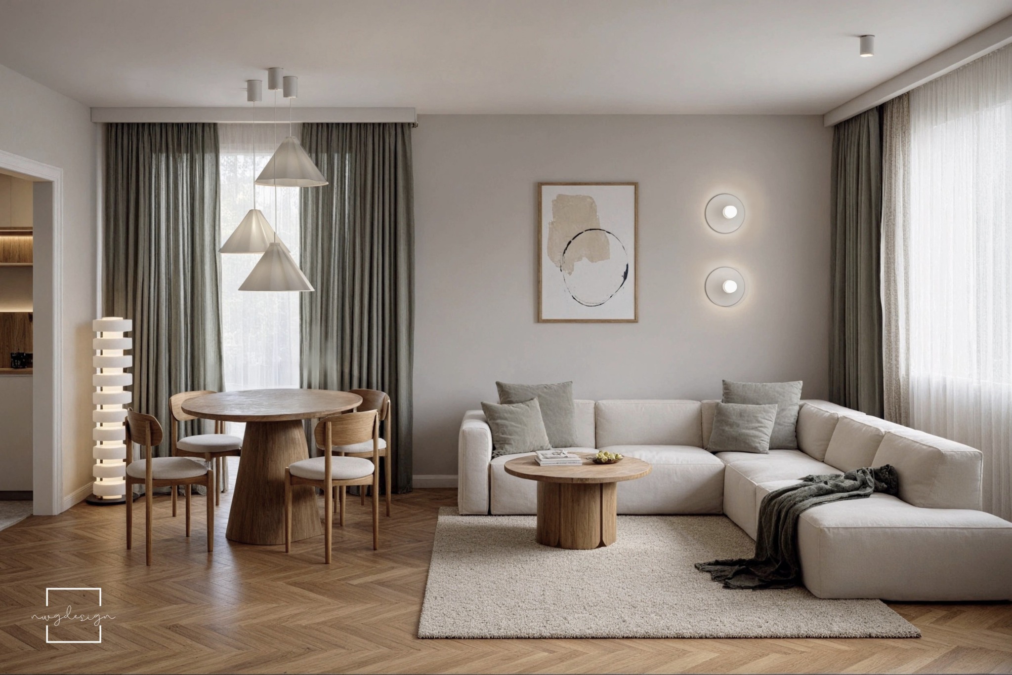 Jasne, przestronne wnętrze: stół z krzesłami, narożna sofa z poduszkami i pledem, dywan, lampa podłogowa, abstrakcyjny obraz i okrągłe lampy na ścianie.