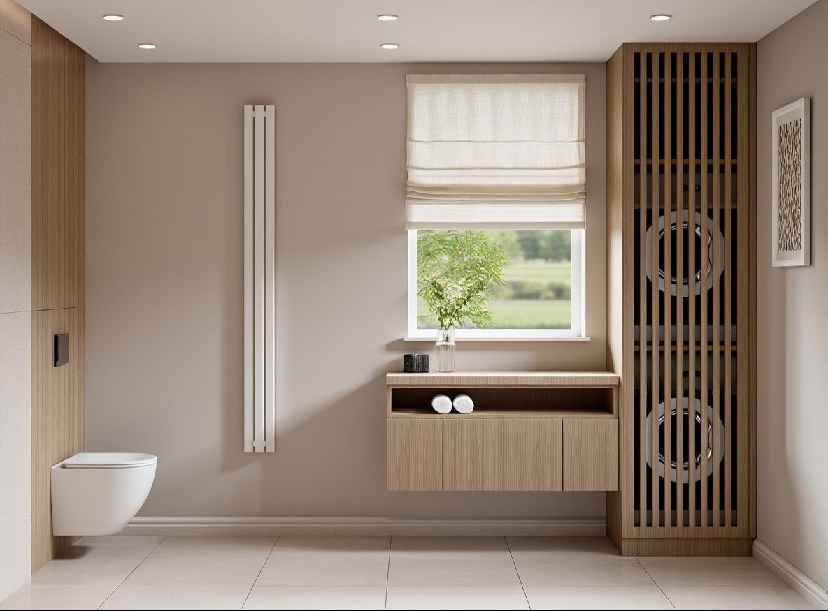 Jasna łazienka z ukrytą pralką za drewnianą zabudową, minimalistyczna toaleta podwieszana, okno z roletą rzymską i grzejnik pionowy.