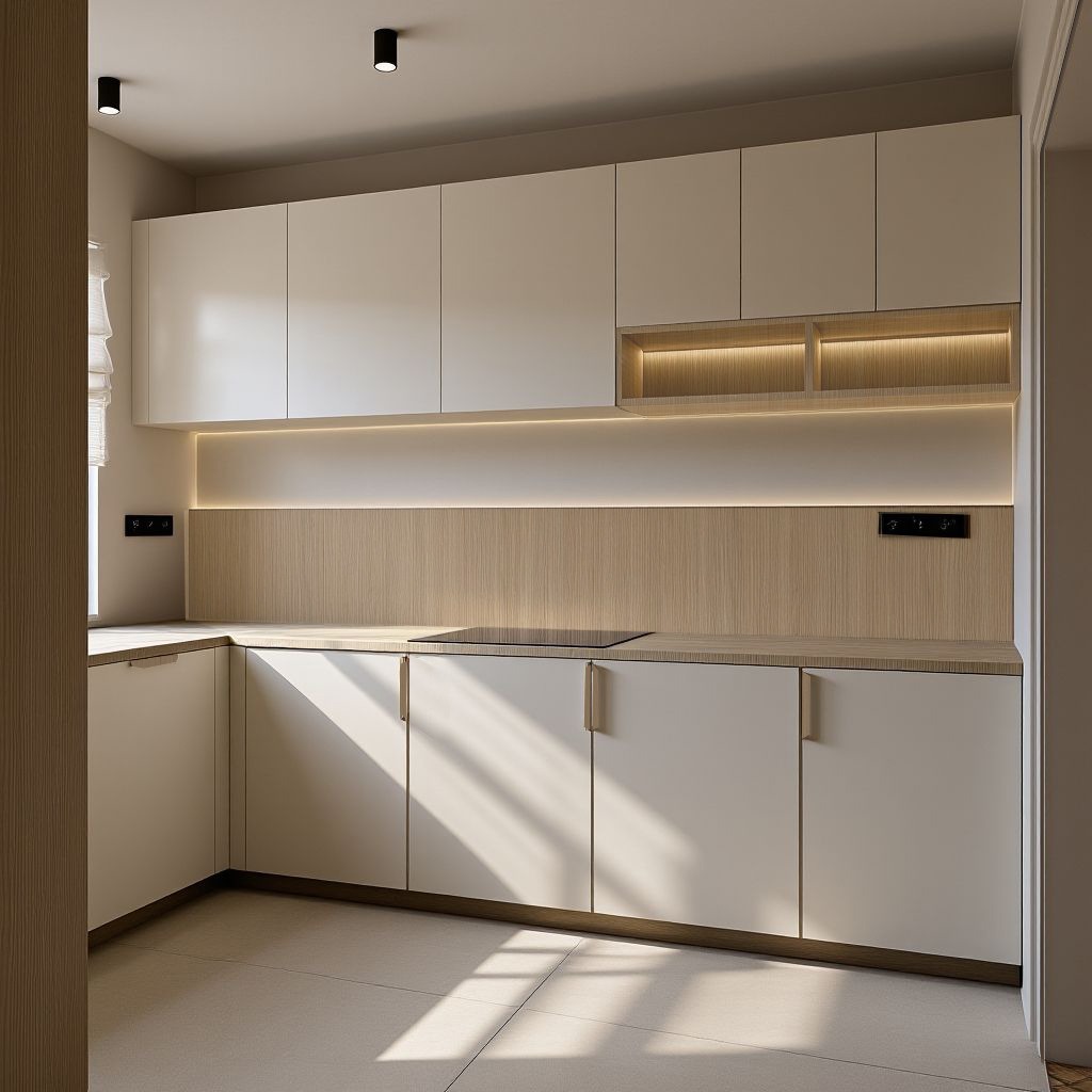 Minimalistyczna kuchnia z białymi szafkami, drewnianym panelem i podświetleniem LED. Promienie słońca podkreślają nowoczesny design i jasną kolorystykę wnętrza.