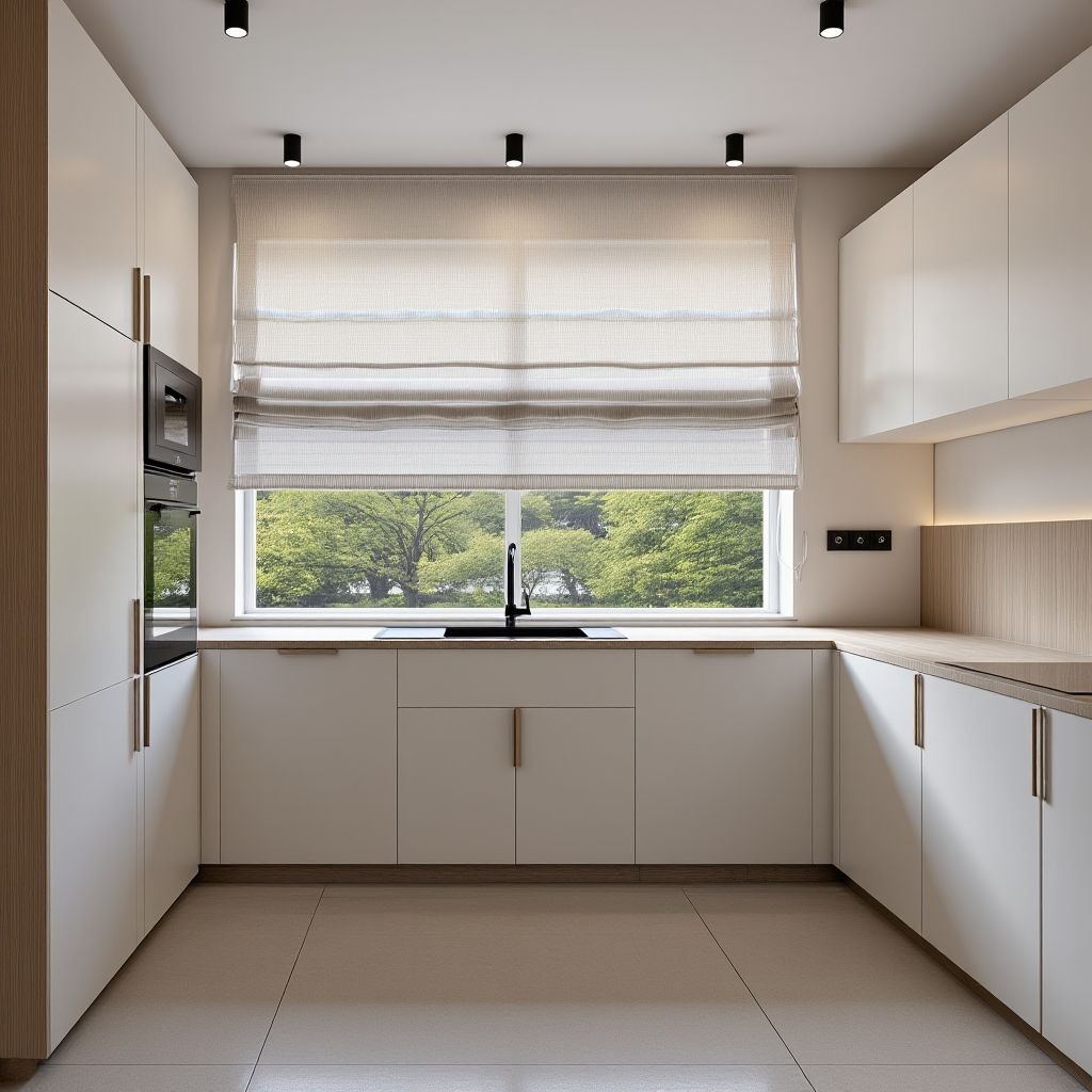 Jasna kuchnia z oknem na zieleń: minimalistyczne białe szafki, drewniane blaty i roleta rzymska. Czarny zlew i bateria. Oświetlenie punktowe na suficie.