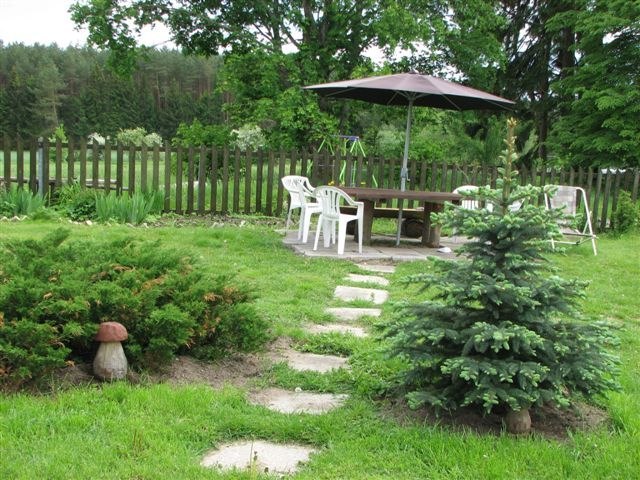 Ujęcie ogrodu z drewnianym stołem pod parasolem, białymi krzesłami, ścieżką z kamieni i małą choinką, z drewnianym płotem w tle.