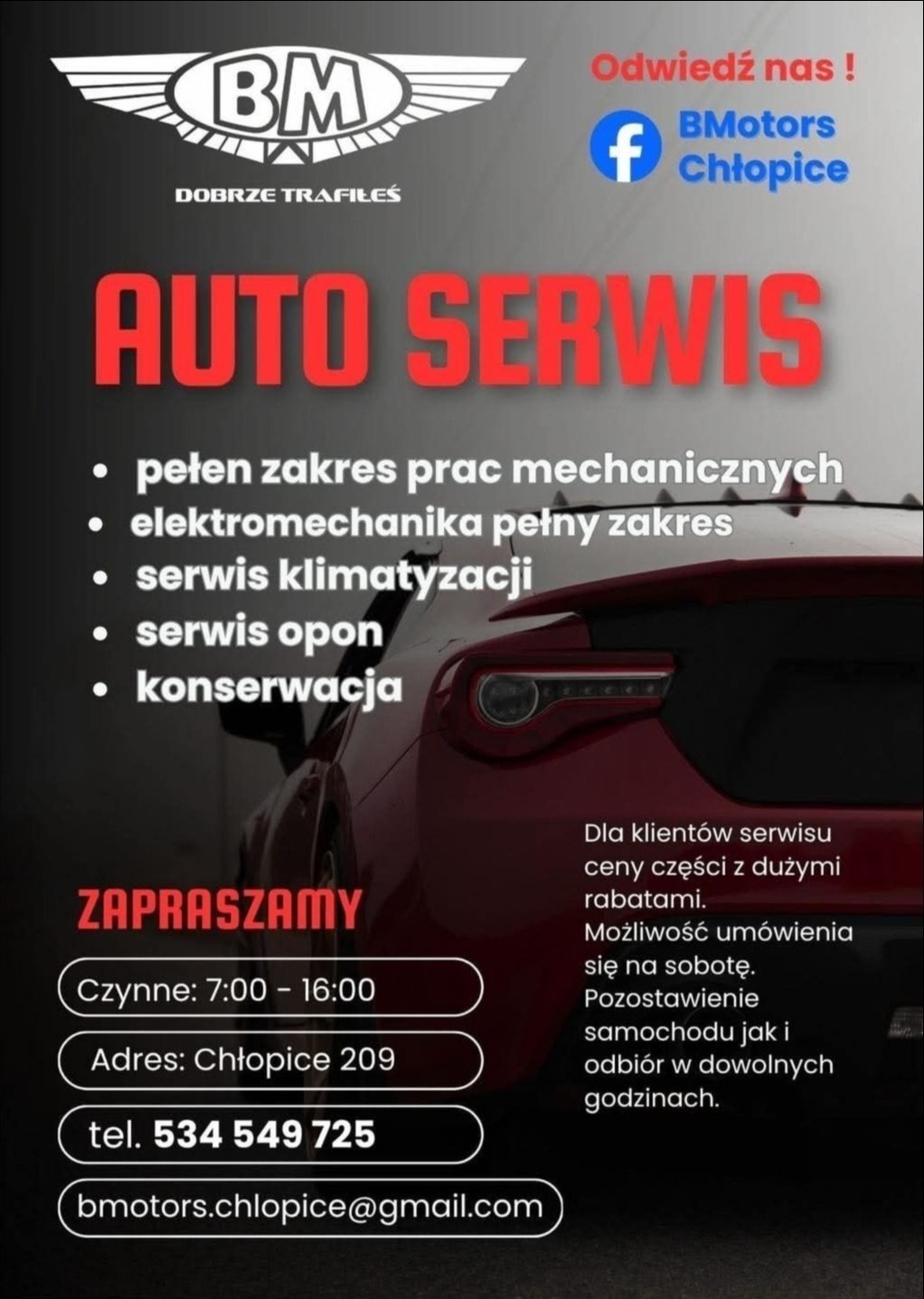 Ogłoszenie warsztatu samochodowego BMotors Chłopice z ofertą usług: mechanika, elektromechanika, klimatyzacja, opony, konserwacja. Kontakt i zaproszenie.