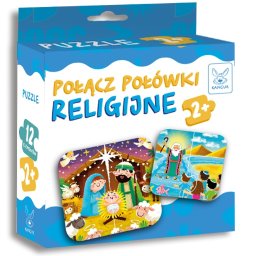 Michał Matejko - Agencja Kreatywna Matejko - Pudełko puzzli 'Połącz Połówki Religijne' marki Kangur, z ilustracjami scen biblijnych, 12 elementów, dla dzieci 2+, na niebieskim tle z motywami chmur.