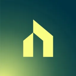 Żółte, geometryczne logo domu na tle gradientu zieleni. Minimalistyczny design, prosty, nowoczesny kształt. Symbol nieruchomości, budownictwa lub architektury.