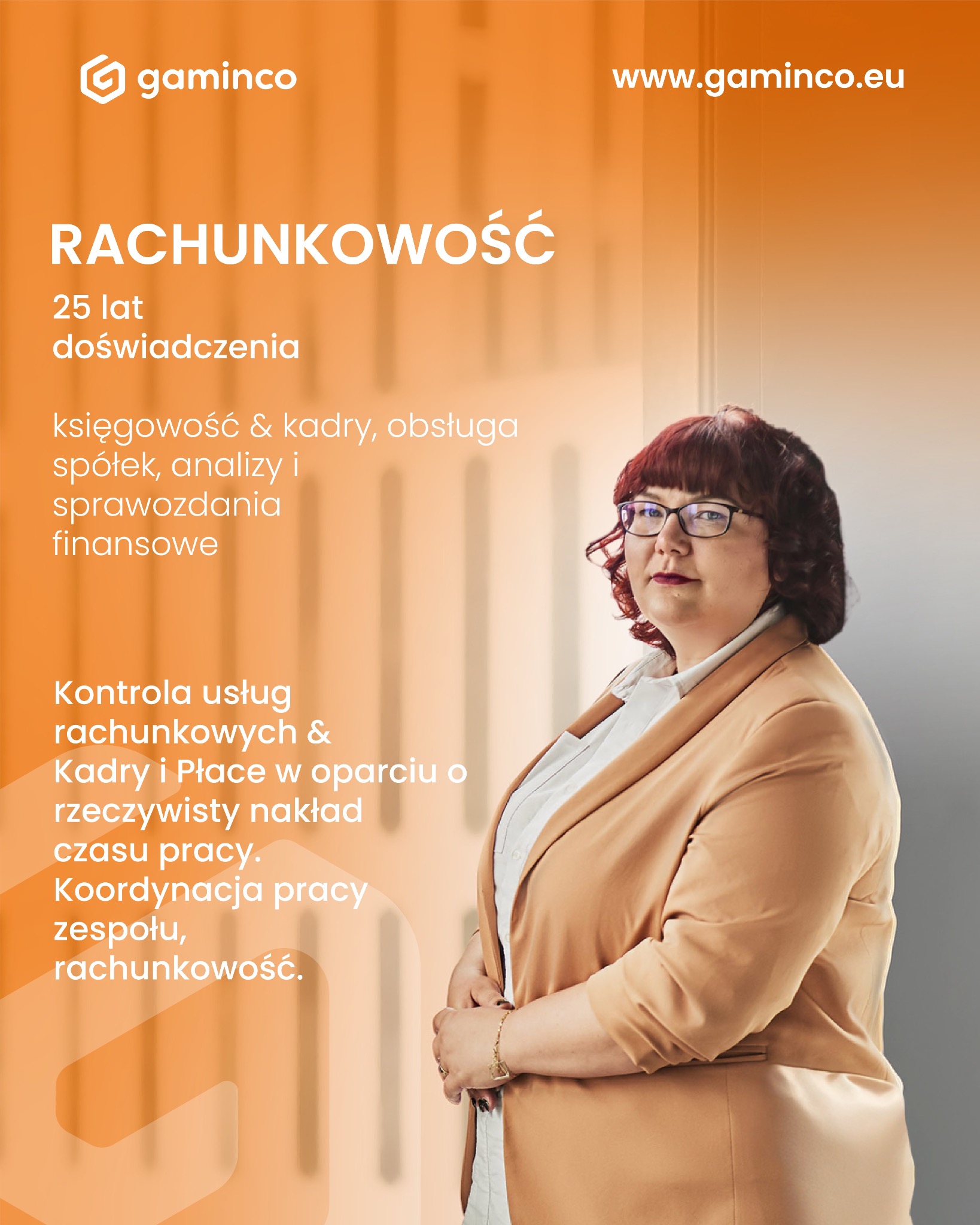 Kobieta w beżowej marynarce na tle grafiki z hasłem 'Rachunkowość', logo Gamico i hasłami o 25 latach doświadczenia w księgowości i kadrach.