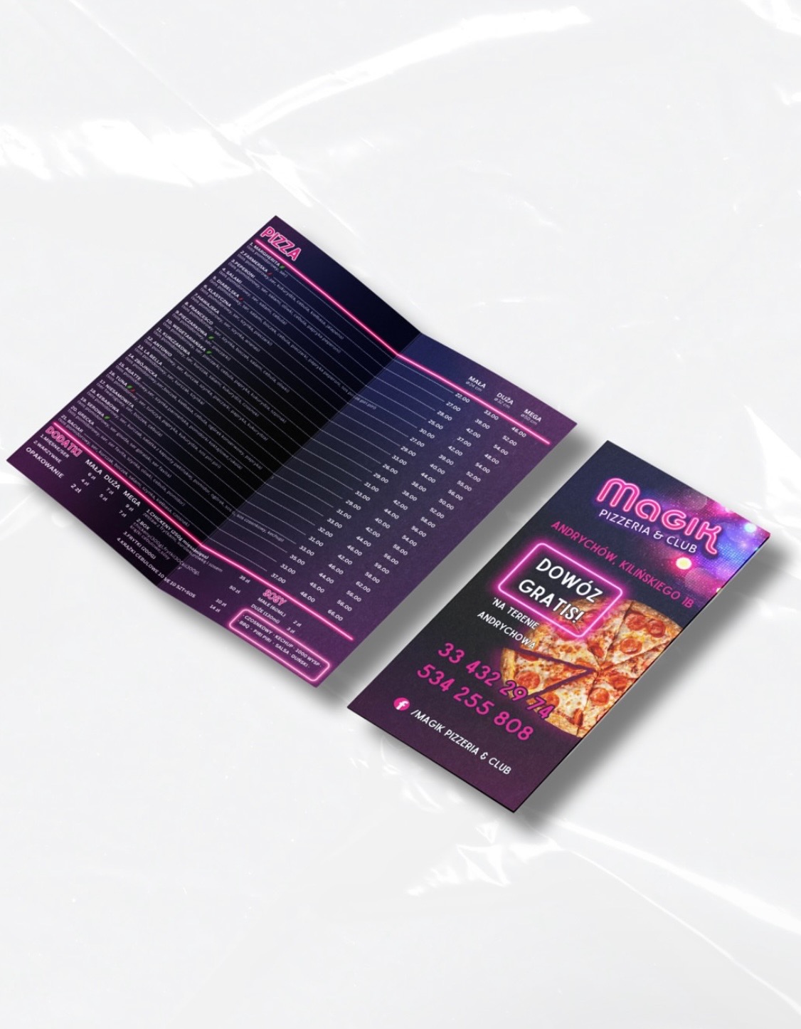 Ulotka pizzerii Magik z Andrychowa, prezentująca menu z cenami i informacjami o darmowej dostawie. Wyraźna typografia i zdjęcia pizzy.