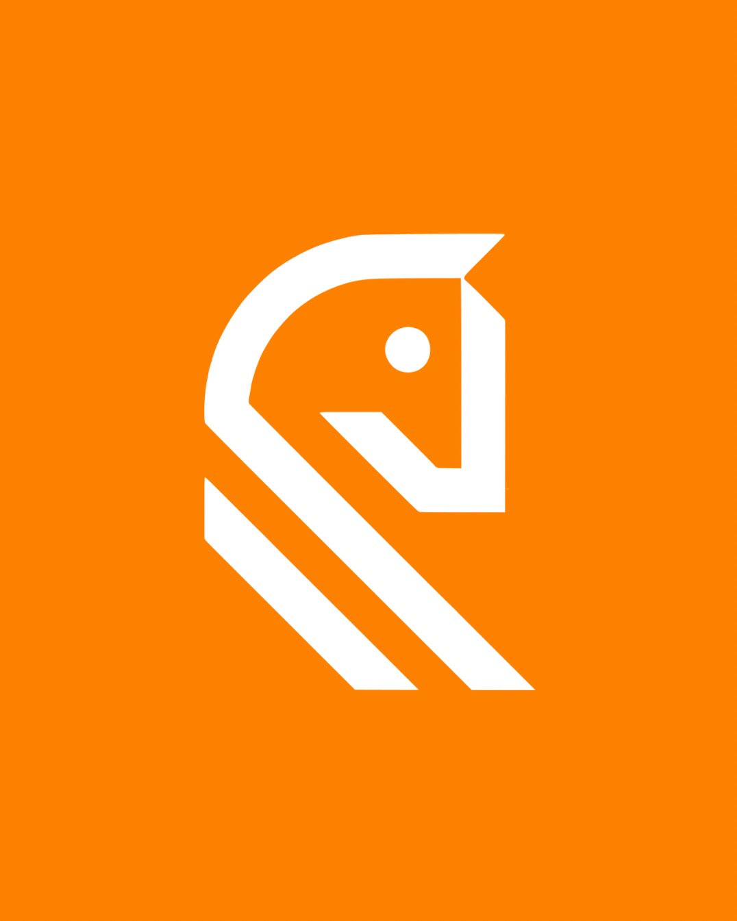 Minimalistyczny, biały logotyp przedstawiający głowę konia w uproszczonej formie, na jednolitym, pomarańczowym tle. Geometryczny design, nowoczesny i zapadający w pamięć.