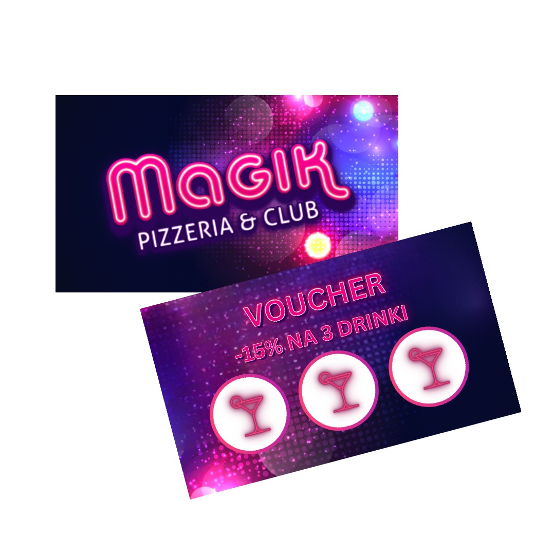 Neonowe logo 'Magik Pizzeria & Club' oraz voucher -15% na 3 drinki na fioletowo-różowym tle z efektem bokeh, całość lekko obrócona.