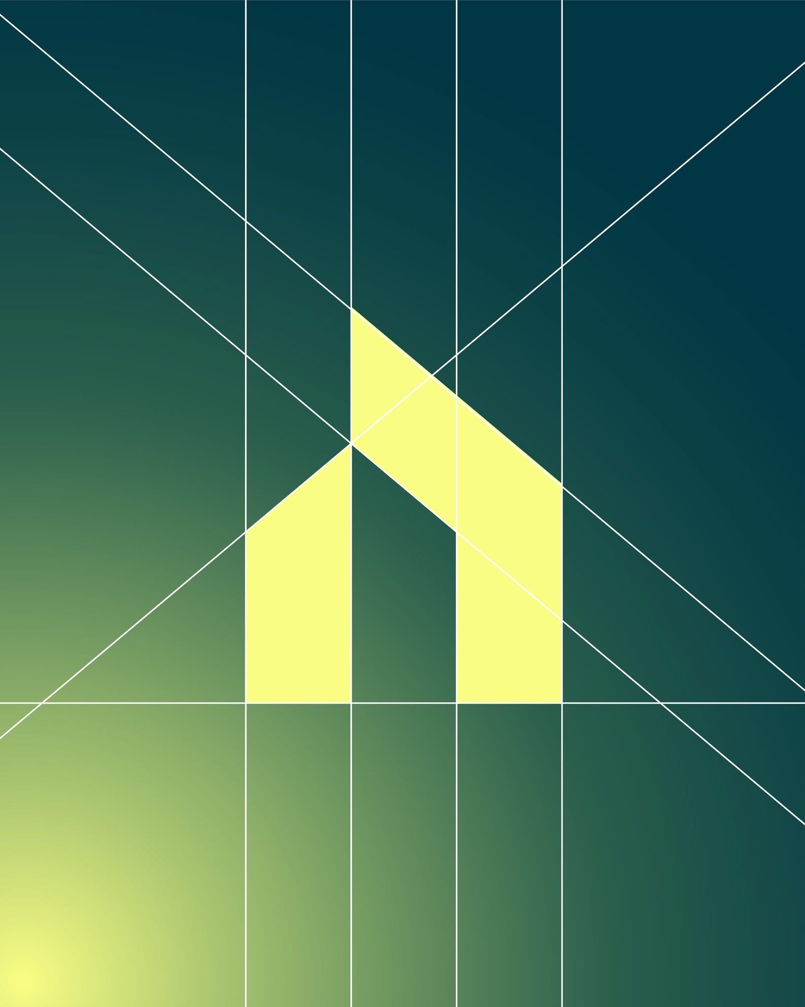 Abstrakcyjny, geometryczny logotyp w odcieniach zieleni i żółci z białymi liniami konstrukcyjnymi, przypominający uproszczony kształt domu.