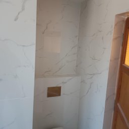 Lucas Serwis Budowlany - Wykończona łazienka z białymi płytkami imitującymi marmur, zabudowana toaleta z złotym przyciskiem, widoczny fragment drewnianych drzwi. Minimalistyczny design.