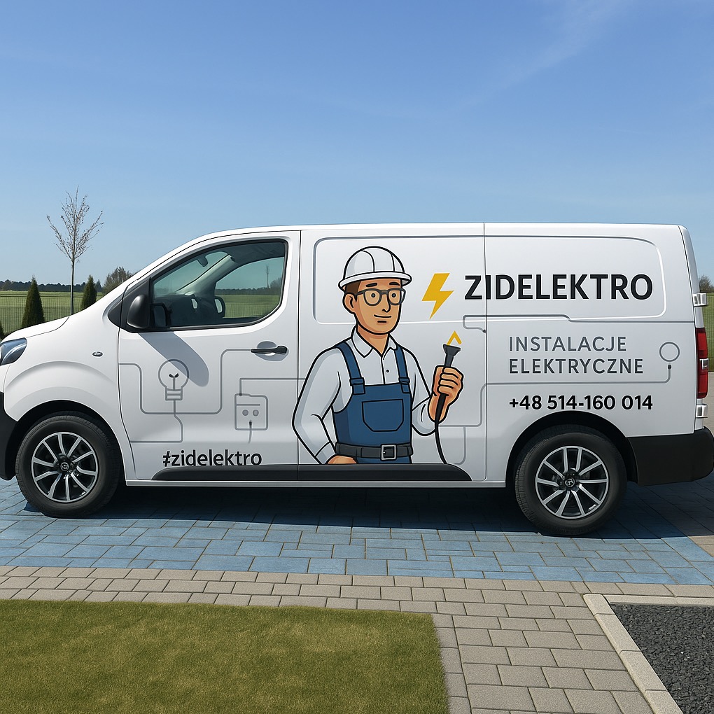 Biały samochód dostawczy z grafiką elektryka, logiem 'Zidelektro' i numerem telefonu, zaparkowany na kostce brukowej. Reklama usług elektrycznych.