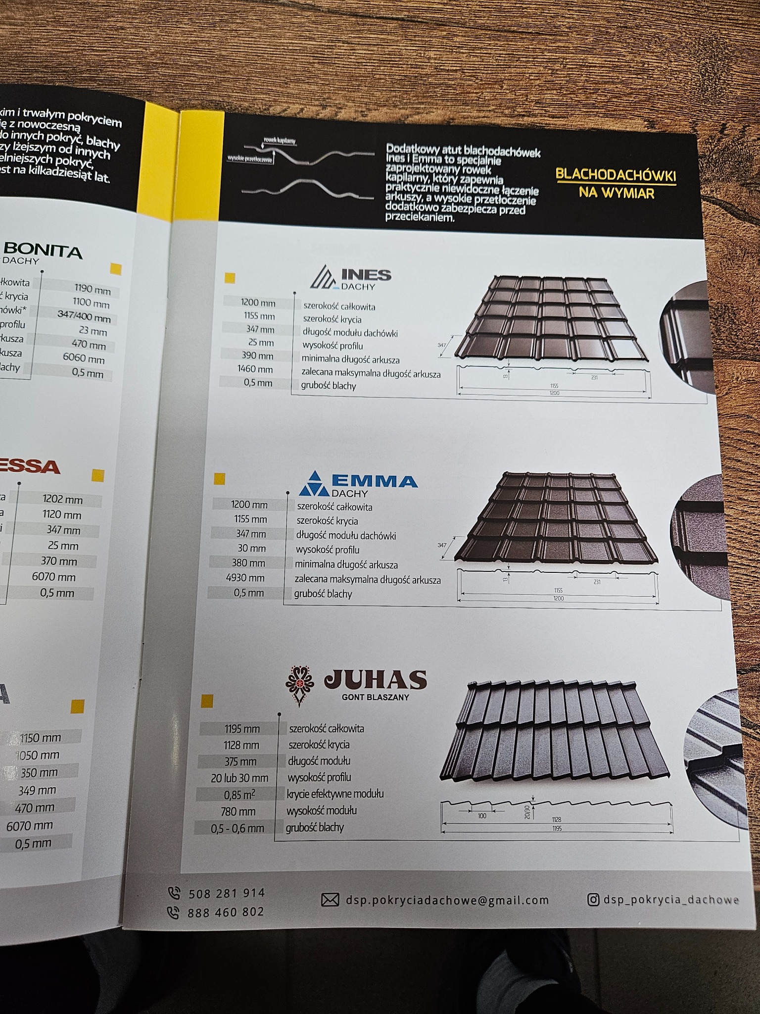 Blachodachówki na wymiar. Prezentacja modeli Bonita, Ines, Emma i Juhas z wymiarami i przekrojem. Broszura informacyjna z danymi kontaktowymi.
