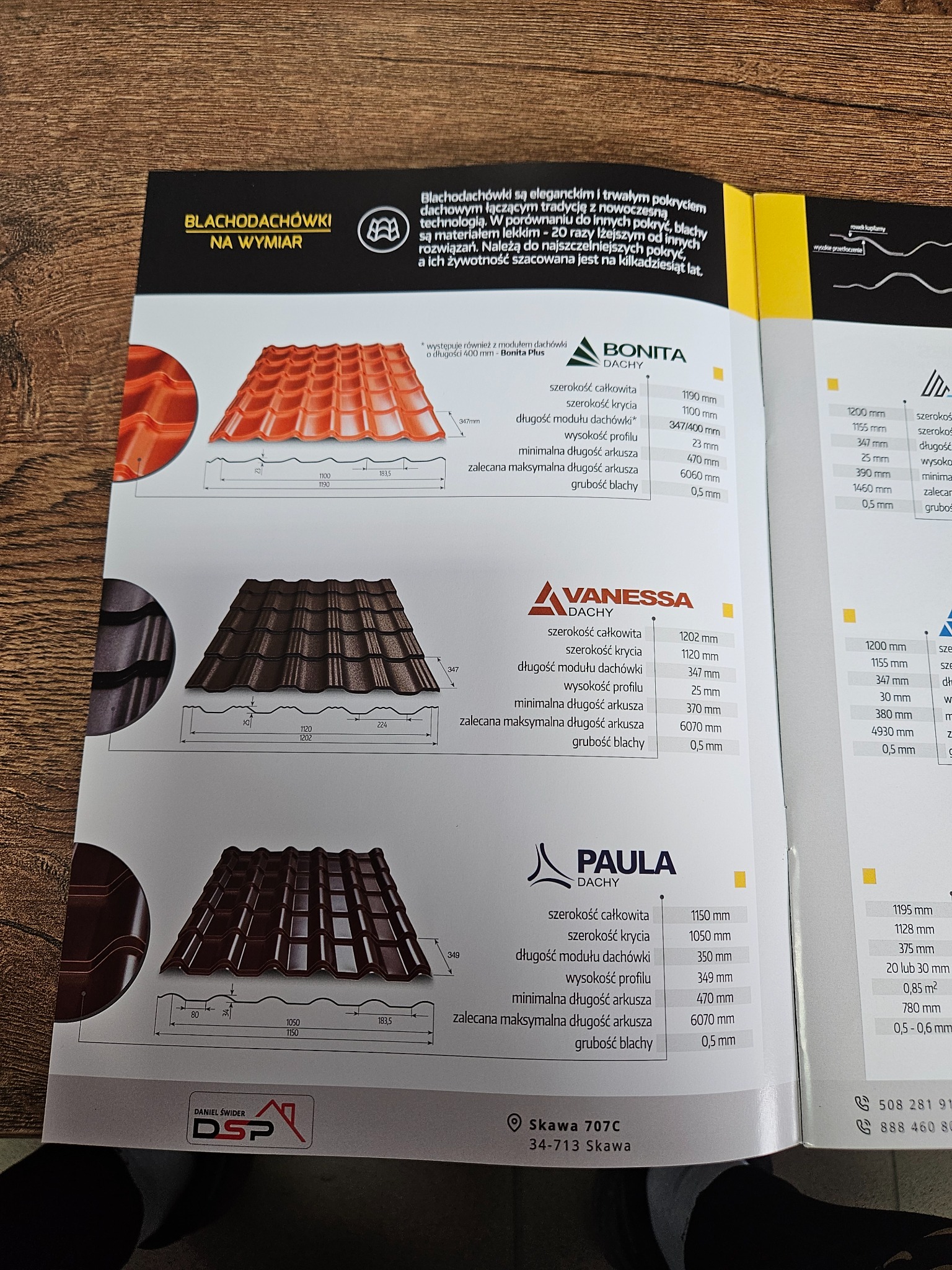 Katalog blachodachówek na wymiar: Bonita, Vanessa, Paula. Prezentacja modeli, wymiarów i parametrów technicznych. Informacje o długości modułu, grubości blachy i zalecanej długości arkusza.