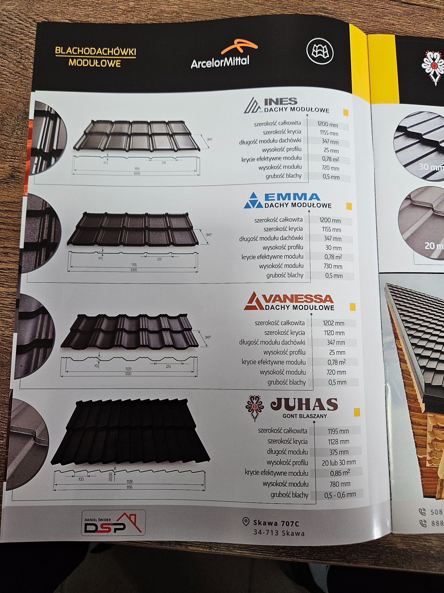 Katalog blachodachówek modułowych różnych producentów. Widoczne przekroje i wymiary techniczne modeli Ines, Emma, Vanessa i Juhas. Prezentacja danych technicznych.