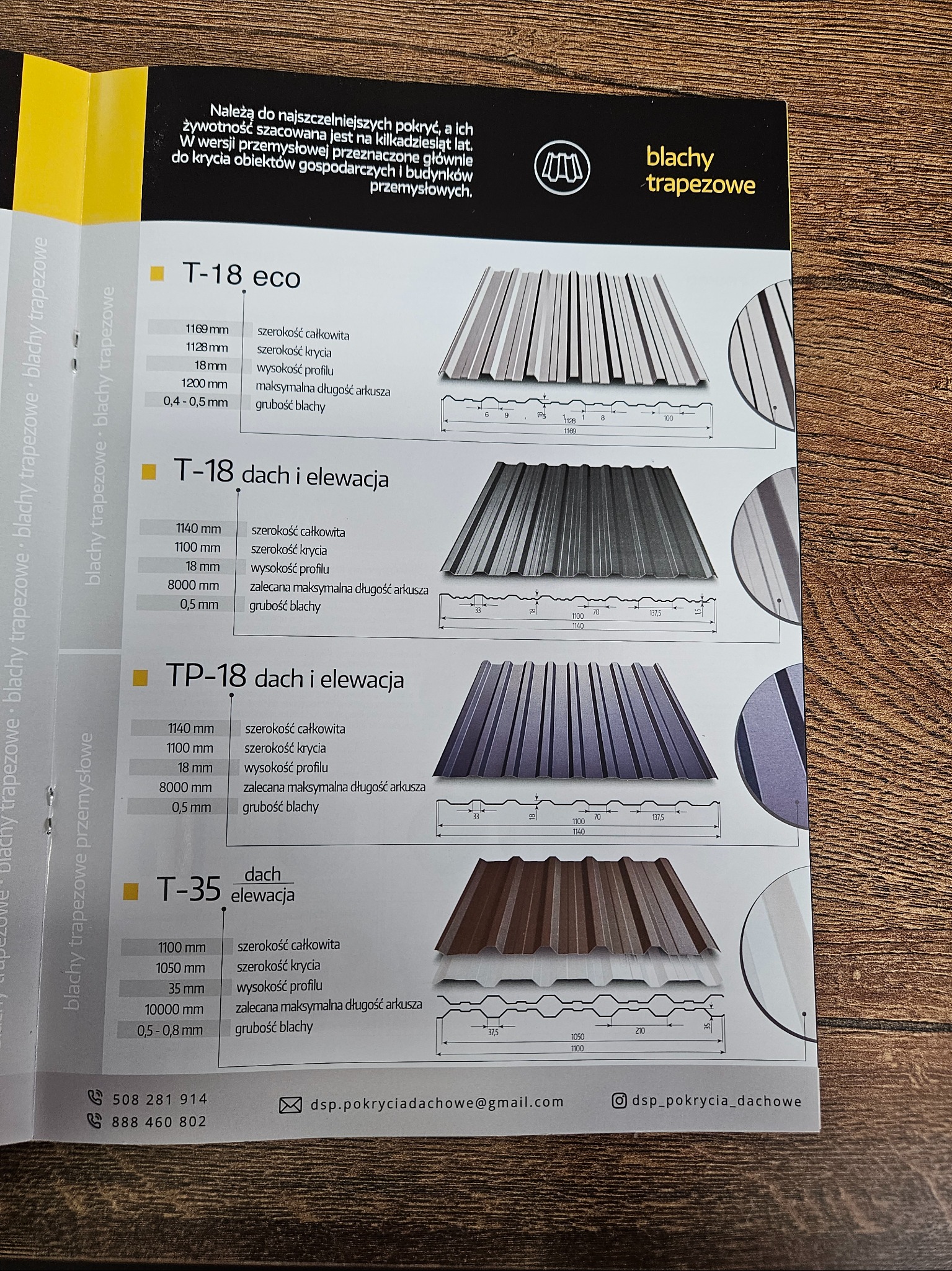 Katalog blach trapezowych z modelami T-18 eco, T-18 dach/elewacja, TP-18 dach/elewacja, T-35 dach/elewacja wraz z wymiarami i przekrojami.
