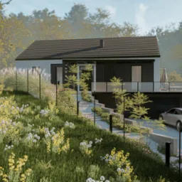 Nowoczesny dom z tarasem i garażem, otoczony kwitnącym ogrodem z ścieżką z kamienia. Auto zaparkowane na podjeździe. Widok na zielone wzgórza w tle.