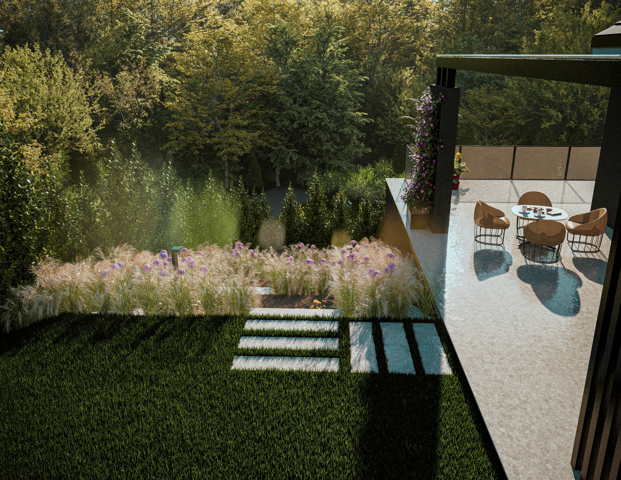 Nowoczesny ogród w Godziszce z tarasem, meblami ogrodowymi i ścieżką z płyt. Dekoracyjne trawy i kwiaty tworzą unikalny krajobraz.