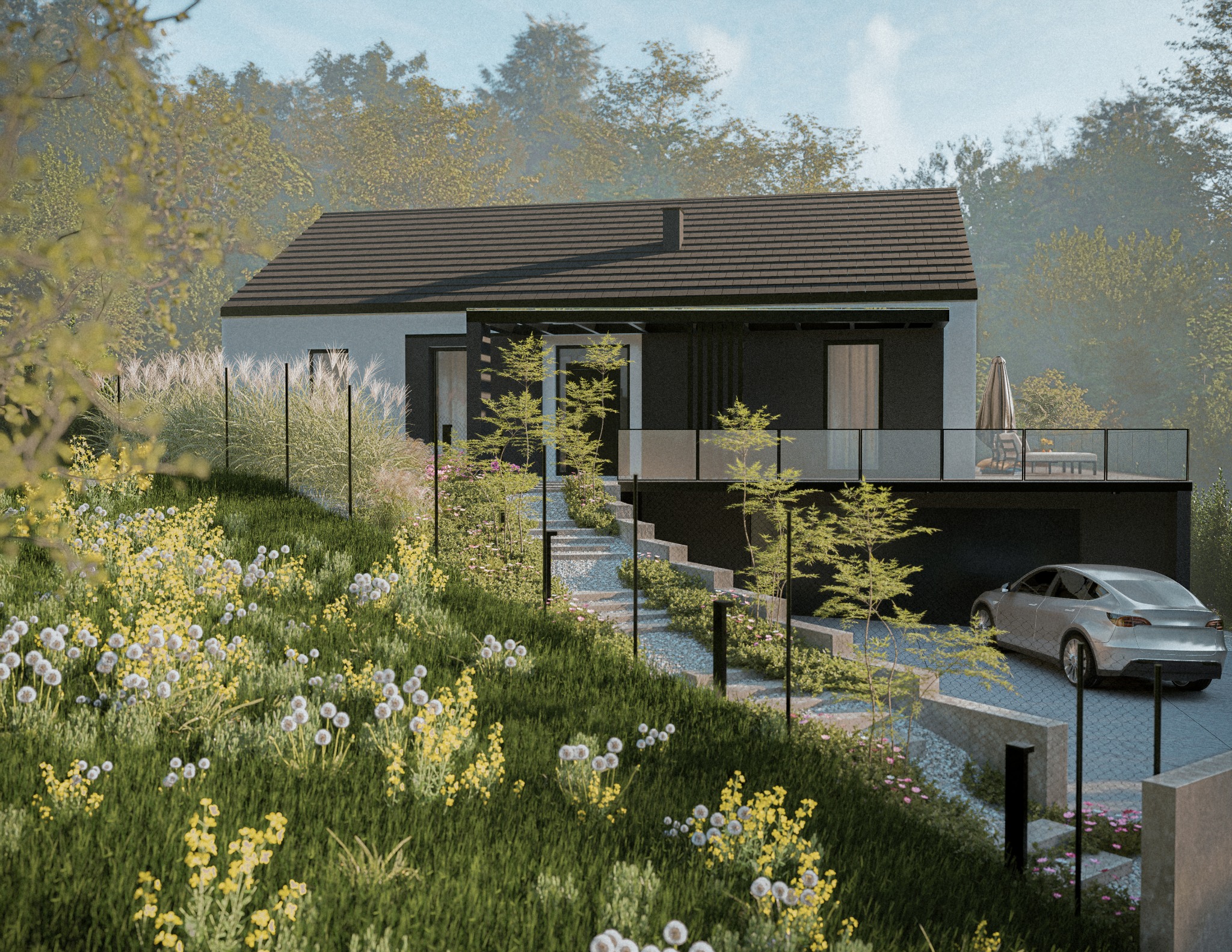Nowoczesny dom z tarasem i garażem, otoczony kwitnącym ogrodem z ścieżką z kamienia. Auto zaparkowane na podjeździe. Widok na zielone wzgórza w tle.