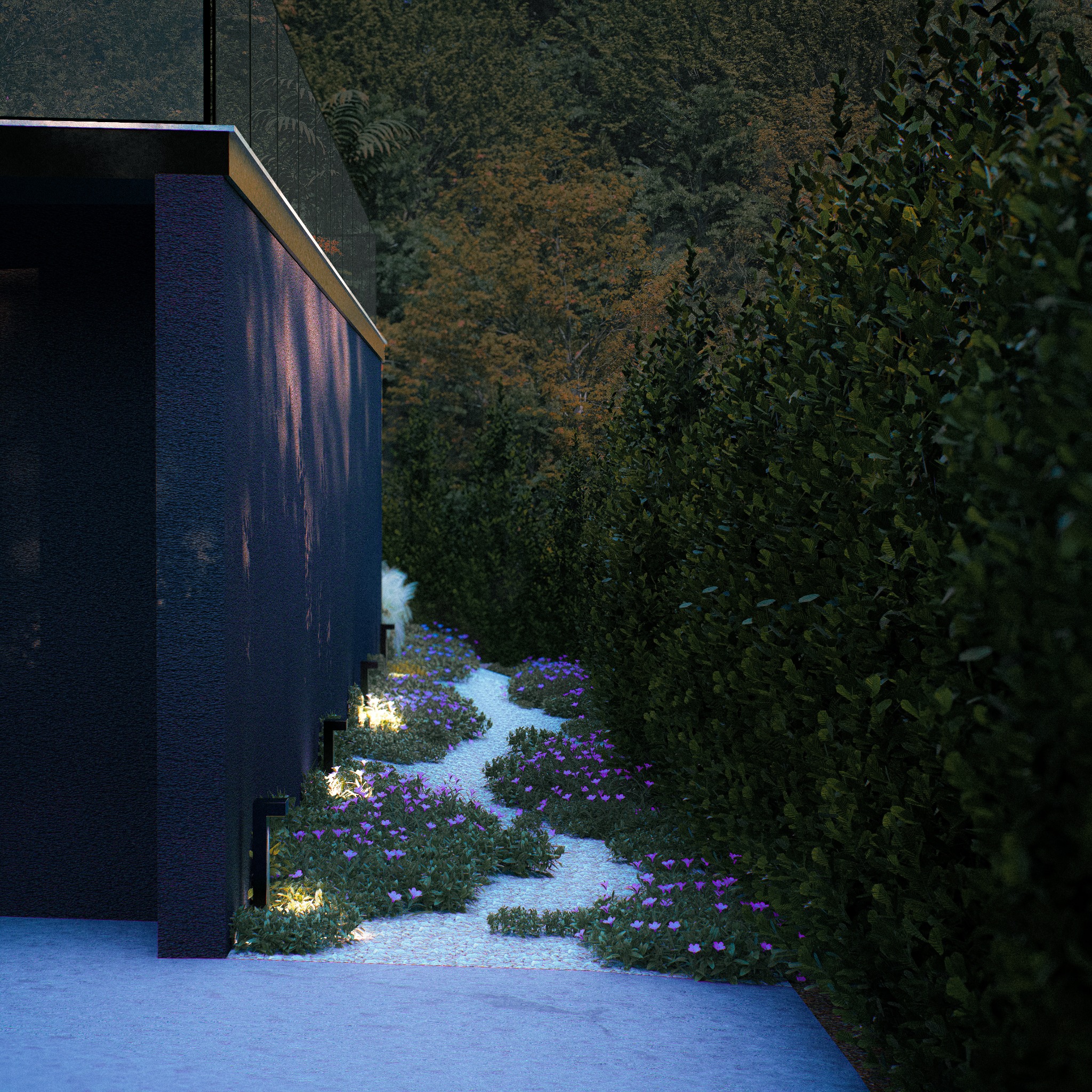 Nowoczesny ogród przydomowy: ścieżka z białego żwiru obsadzona fioletowymi kwiatami, oświetlona lampami, z ciemną elewacją budynku w tle.