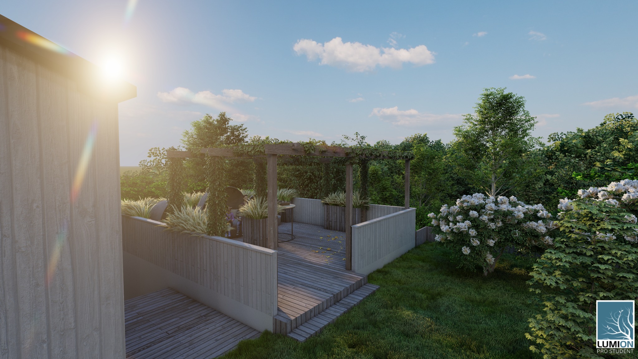 Wizualizacja tarasu z pergolą porośniętą bluszczem, drewnianą podłogą i roślinami w donicach. W tle bujna zieleń drzew i krzewów, błękitne niebo.