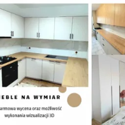 Nowoczesna kuchnia z białymi szafkami i drewnianym blatem, obok szafa wnękowa z lustrami. Dwa ujęcia prezentują realizacje mebli na wymiar.