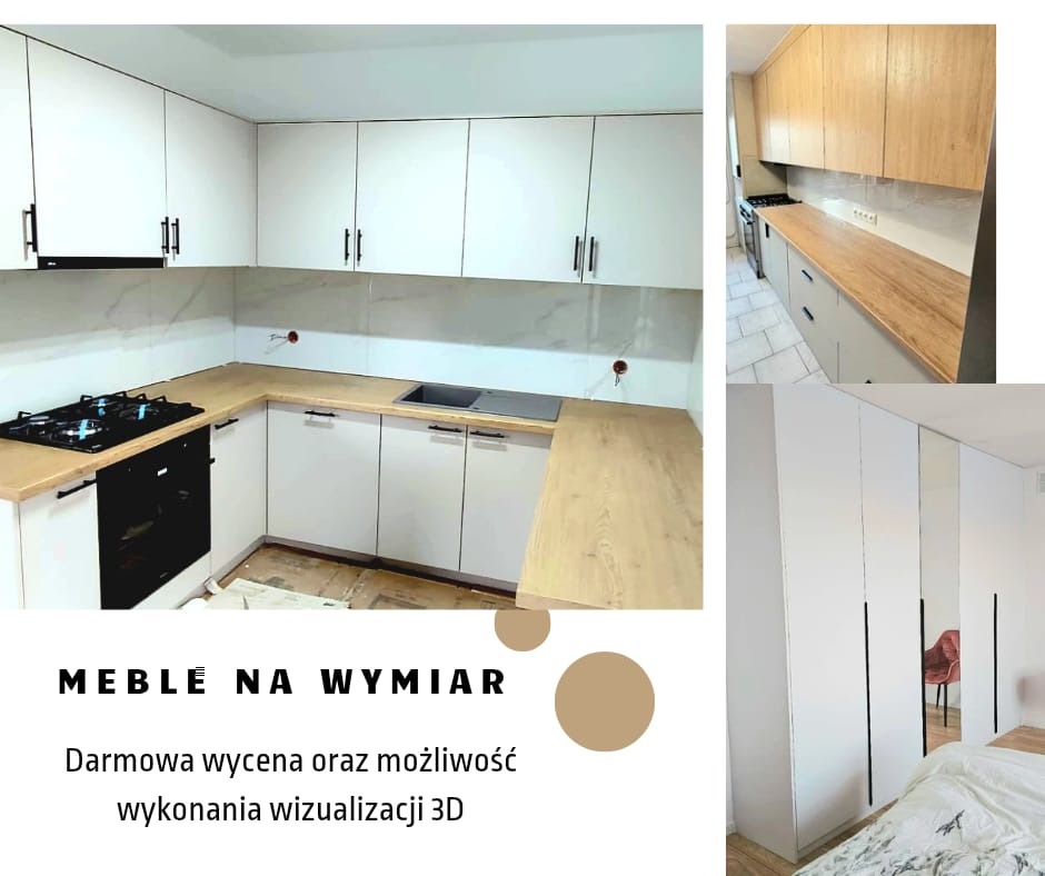 Nowoczesna kuchnia z białymi szafkami i drewnianym blatem, obok szafa wnękowa z lustrami. Dwa ujęcia prezentują realizacje mebli na wymiar.