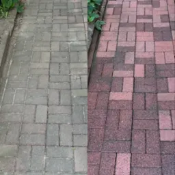 Kostka brukowa przed i po czyszczeniu: szara, zabrudzona po lewej, czerwona, czysta po prawej. Widok z góry, fragment wejścia do budynku.