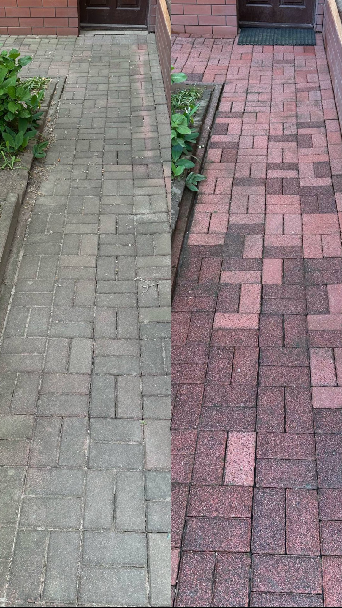 Kostka brukowa przed i po czyszczeniu: szara, zabrudzona po lewej, czerwona, czysta po prawej. Widok z góry, fragment wejścia do budynku.