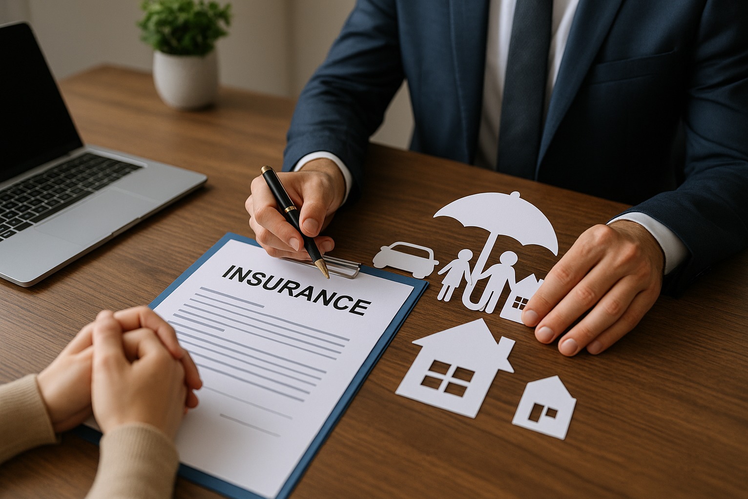 Podpis dokumentu ubezpieczeniowego na drewnianym biurku z symbolami rodziny, domu i auta pod parasolem. Laptop i roślina w tle.