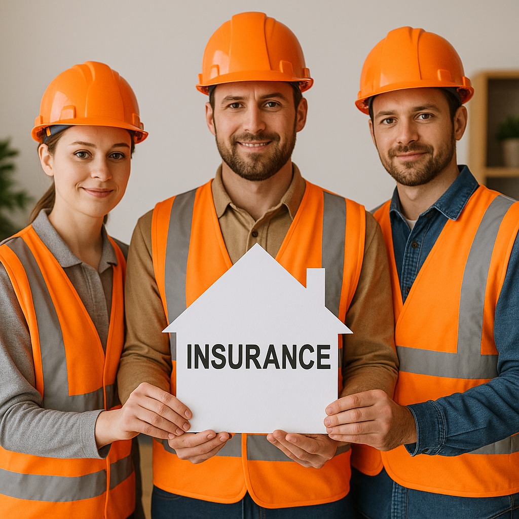 Trzy osoby w kaskach i kamizelkach trzymają biały karton w kształcie domu z napisem 'INSURANCE'. Uśmiechnięci, patrzą w kamerę, sugerując ochronę ubezpieczeniową.