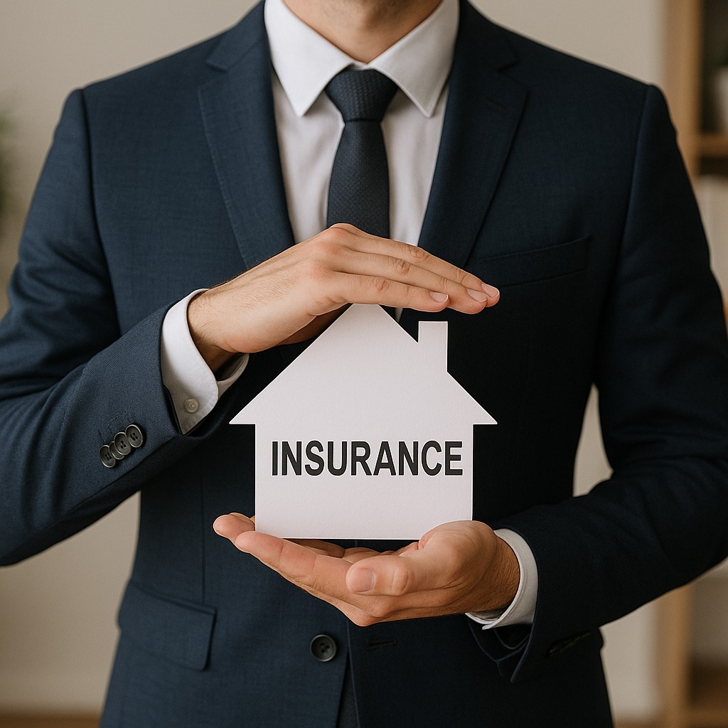 Mężczyzna w garniturze trzyma biały model domu z napisem 'INSURANCE', symbolizujący ochronę ubezpieczeniową nieruchomości.