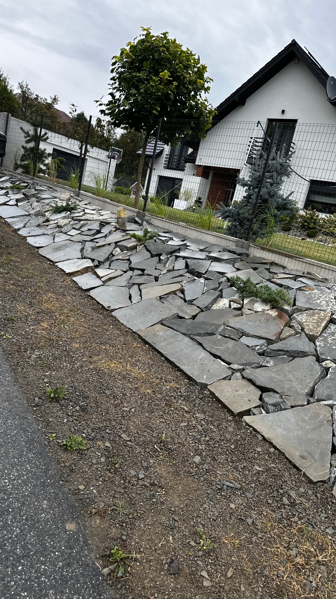 Fragment ścieżki z nieregularnych płyt kamiennych w ogrodzie, widok z boku. W tle dom z białymi ścianami i czarnym dachem, ogrodzenie z siatki.