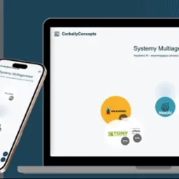 Ekran laptopa i smartfona prezentują systemy multiagentowe CorballyConcepts, asystentów AI dla firm, z logotypami NestAI, LexAI, Kolejkowo, Tony Transport i yClinic.