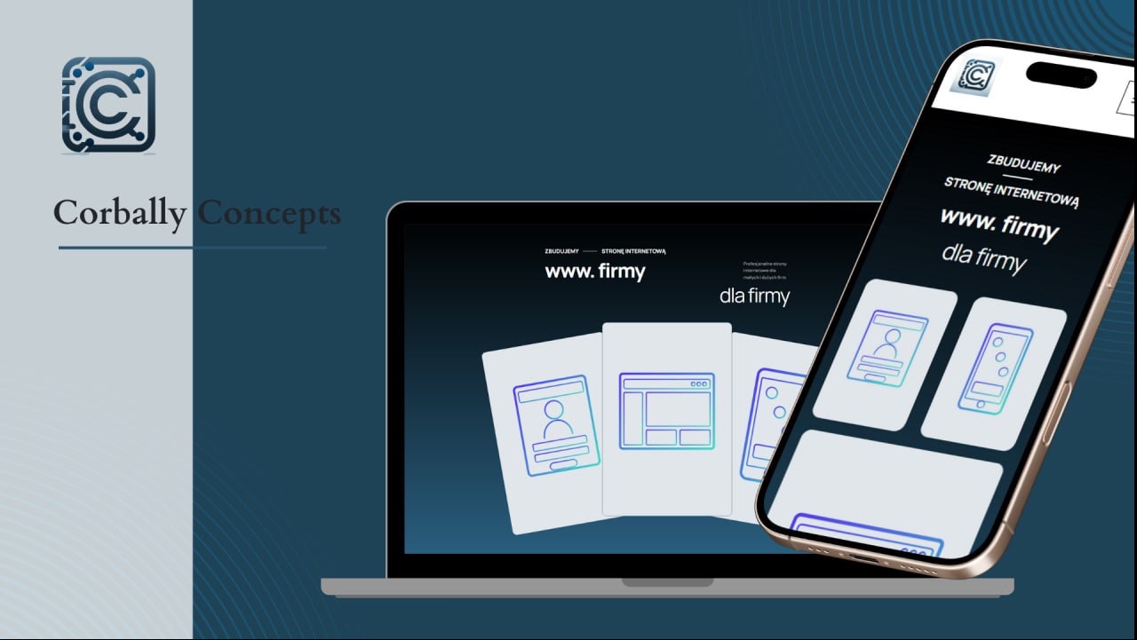 Laptop i smartfon prezentują projekt strony internetowej z minimalistycznymi ikonami i hasłem 'Zbudujemy stronę internetową www.firmy dla firmy'.