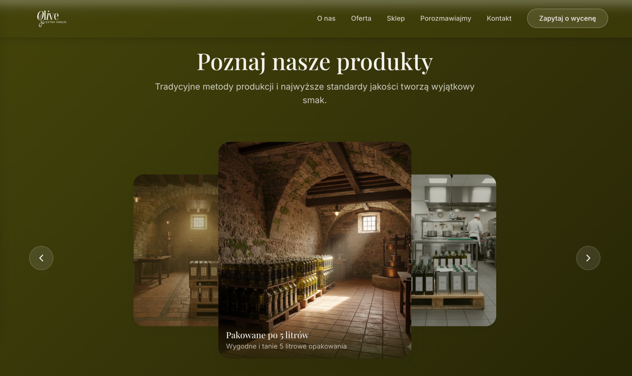 Strona internetowa z motywem oliwnym prezentująca produkty, z tekstem 'Poznaj nasze produkty' i zdjęciami wnętrz z oliwą. Minimalistyczny design, stonowana kolorystyka.